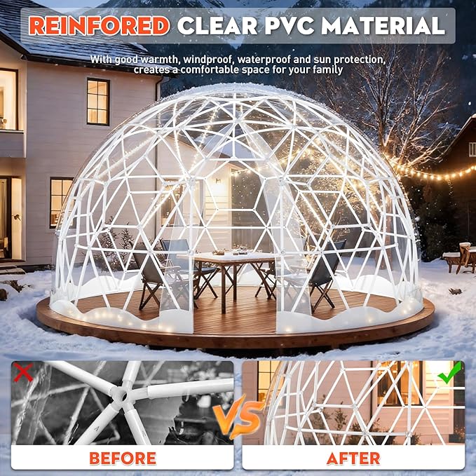 12FT Garden Dome Tent, Geodesic Dome Greenhouse with PVC Clear Cover, Waterproof Garden Bubble Dome Tent House with 2 x 10M Light Strings for Outdoor, Patio, Backyard, Party (White Edge, 10FT/3M)