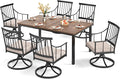 PHI VILLA 7 Pieces Outdoor Dining Set for 6, 65” Wood-Like Metal Rectangle Dining Table & Swivel Chairs with Cushions, Large Dining Furniture Set for Patio, Deck, Porch, Yard