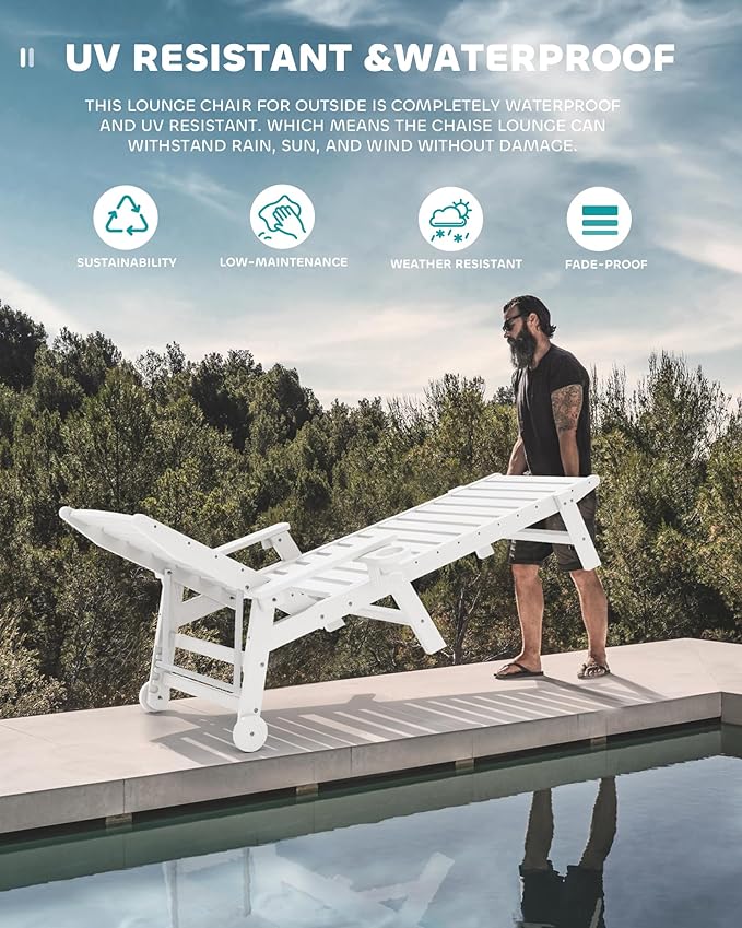 SERWALL Patio Chaise Lounge Chair Set of 4, 5 Positions Adjustable Poly Outdoor Lounge Chair for Pool, HDPE Lounge Chair with Rolling Wheels & Cup Holder for Poolside, Deck, White