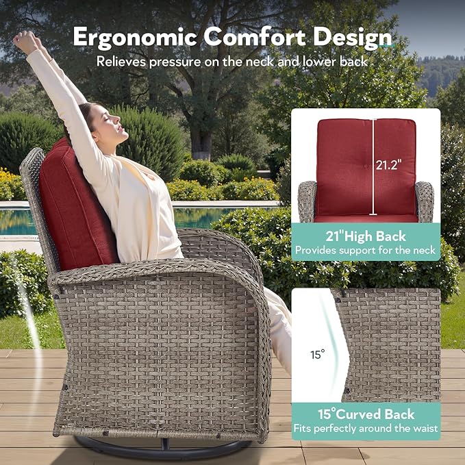 Outdoor Swivel Glider Rocker Chairs - 3 Piece Wicker Patio Furniture Set, All Weather Patio Bistro Sets with Glass Side Table for Balcony Porch Deck Backyard - Grey Wicker Red Cushion