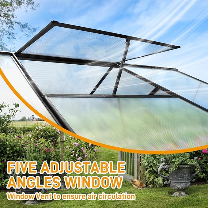 Greenhouse for Outdoors, 6x10 FT Heavy Duty Polycarbonate Greenhouse with 5 Roof Vents, Aluminum Large Walk-in Greenhouse for Outside Garden Backyard, Easy Setup, Black