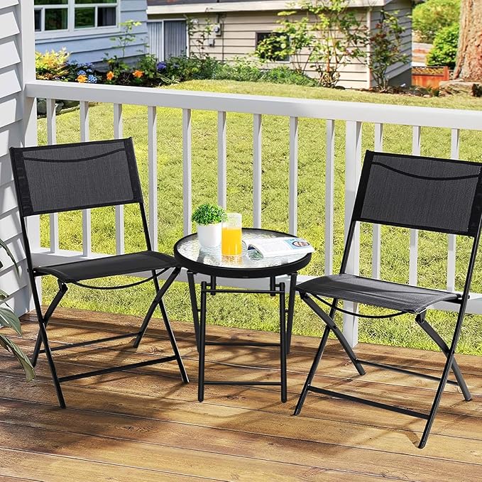 VINGLI Folding Glass Outdoor Side Table, 18 Inches Small Foldable Patio Bistro Table with Tempered Glass Table Top for Lawn & Garden, Balcony, Porch and Pool, Round