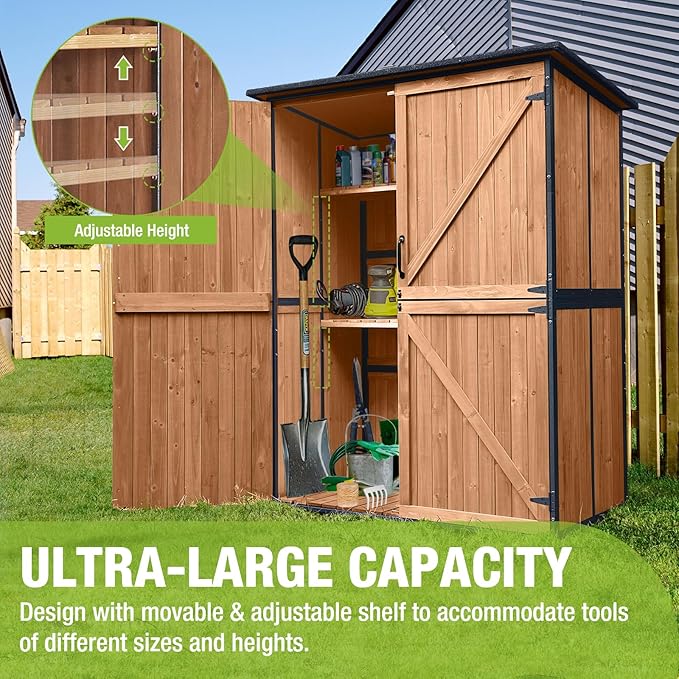 Storage Shed Outdoor Cabinet with Metal Frame Large Wooden Tool House Garden Shed with Floor,Door & Lock for Backyard Use