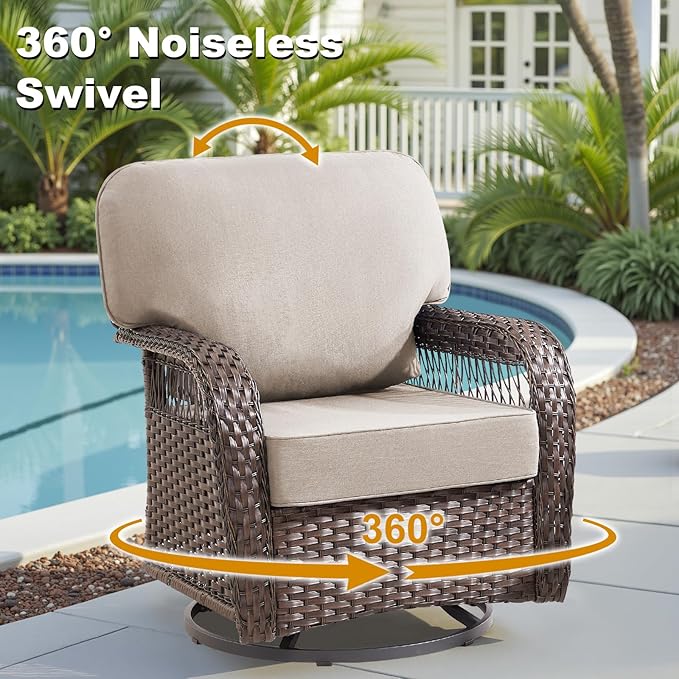5 Pieces Patio Furniture Set Outdoor Sectional Sofa Couch with Rocking Swivel Chairs 5" Deep Seat Chairs, Modern Wicker Rattan Conversation Set, Beige/Brown Wicker