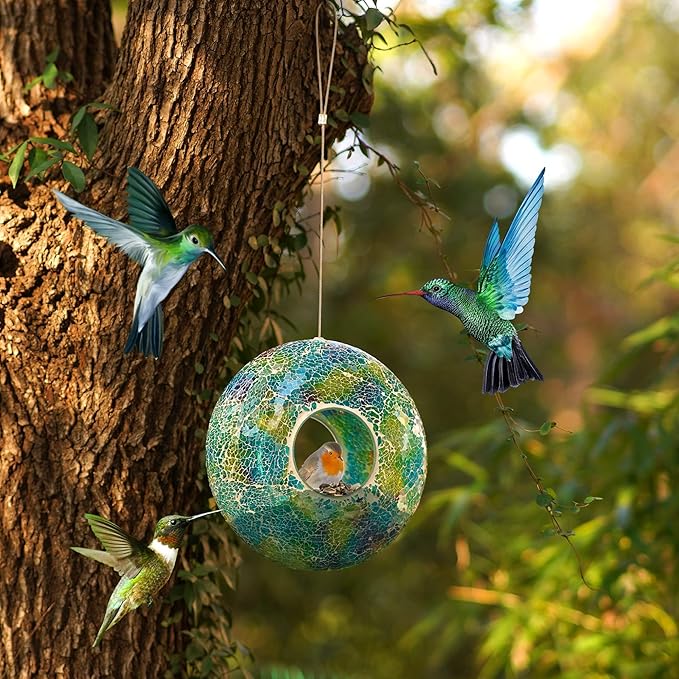 Mosaic Bird Feeder - Outdoor Fly Through Wild Hanging Bird Feeders with Mosaic Glass Design, 9 Inch, Blue