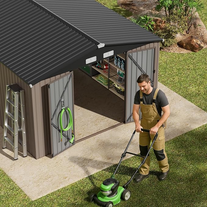 GVDV 10x14 FT Outdoor Metal Storage Shed, Durable Garden Shed with Updated Frame Structure for Backyard, Patio, Tool Storage, All-Weather Shelter for Bike, Gardening Tools, Lawn Mowers