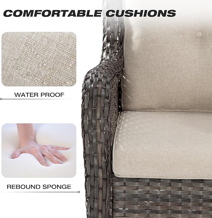Joyside Wicker Patio Furniture Sets 7 Piece Set with One 3-Seat Sofa, Four Armchairs, Two Ottomans, Wicker Outdoor Furniture Sectional Conversation Set(Mixed Grey/Beige)