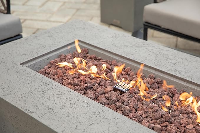 AMS Creations | Madison 60" Rectangular Propane Gas Outdoor Fire Pit Table | Light Gray Concrete GFRC | Limestone Texture or Surface | Electronic Ignition | Outside Backyard Fireplace