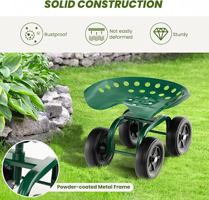 Rolling Garden Seat, Garden Cart with 360° Swivel Work Seat & Adjustable Height, Heavy Duty Garden Seat with Wheels for Lawn Yard Patio Greenhouse Planting Cleaning (Green)