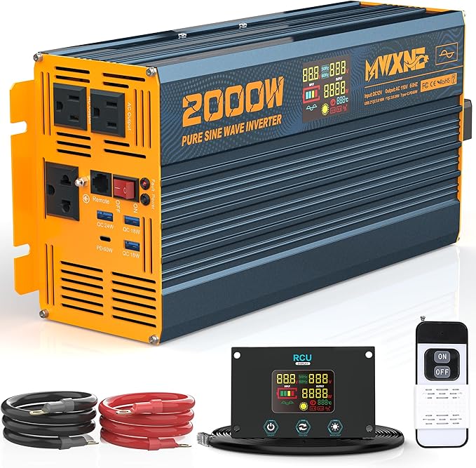 2000W Pure Sine Wave Power Inverter DC 12V to 110V 120V AC with 4 Quick Charging USB Ports& 3 AC Outlets Power Inverters for Vehicles RV Truck Home with LCD Display and Remote Controller