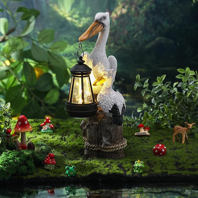Tuanse 11.4 Inch Pelican Garden Statue with Solar Lantern Ocean Bird Statue Pelican Solar Light for Outside Decor Sculptures Statues Lights for Lawn Decor Unique Ornament Women Mom Gift