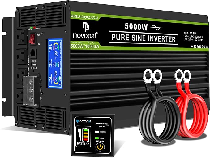 NOVOPAL 5000 Watt Pure Sine Wave Power Inverter DC 24V to AC 110V 120V Rv Inverters with 1 USB Port-16 feet Remote Control, LCD Display for Truck, Hurricane, Home