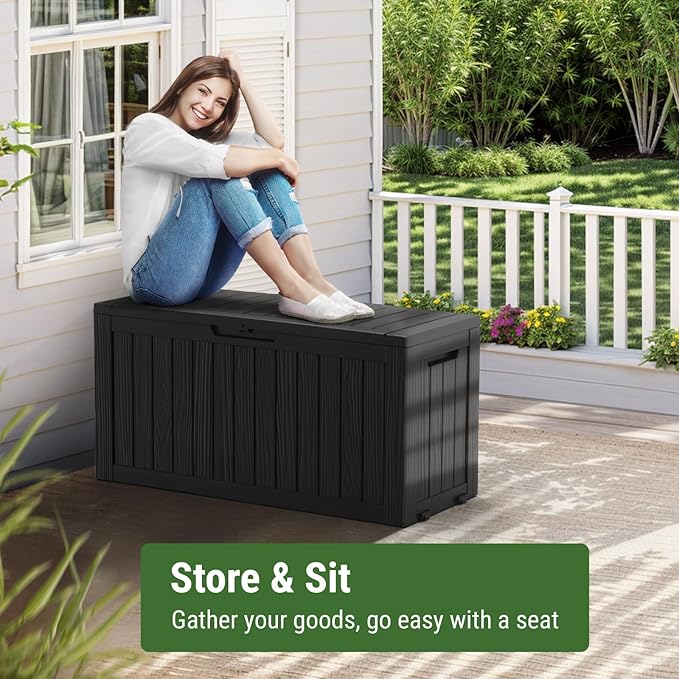 Mars Villa Deck Box, Waterproof Weatherproof and UV Resistant Resin Storage Bin with Lockable Lid, Ideal for, Outdoor, Patio Furniture Cushions, Pool Supplies, Garden Tools (72 Gallon, Black)