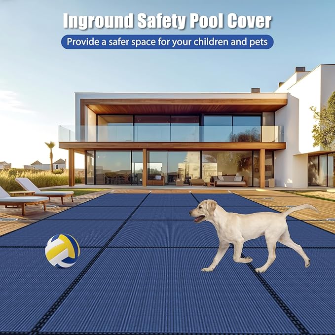 Inground Pool Cover Safety Fits Rectangle Swimming Pool, Mesh Solid Pool Cover for Inground Pools,Winter Pool Safety Cover Includes Safety Net and Installation Tools Blue (Blue, Fits 14x28ft Pools)