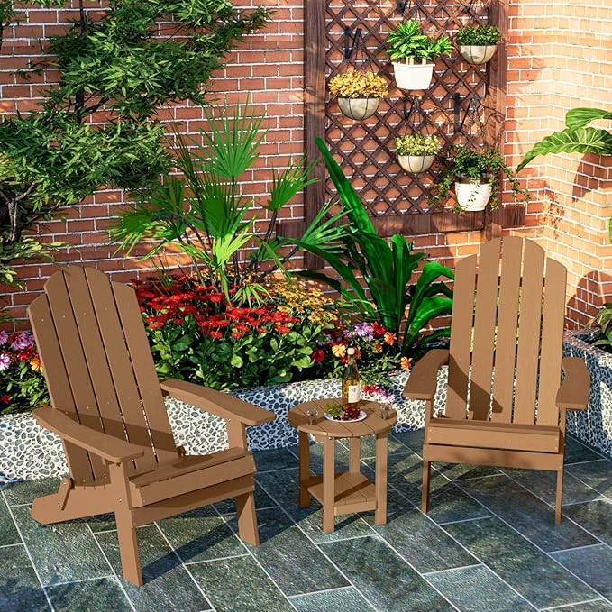 MXIMU Round Outdoor Side Table Adirondack Tables 18 Inch Chairside End Tables with Storage Shelf, 2-Tier Plastic Patio Side Table, Weather Resistant for Balcony Backyard Lawn (Teak, 2 Pack)