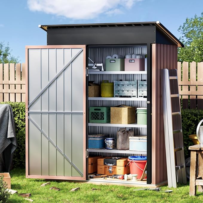 5X3X6.1 FT Garden Storage Shed with Frame Floor,Steel Tool Shed with Lockable Door, Anti-Corrosion Metal Shed for Backyard Patio Lawn (Light Wood Grain)