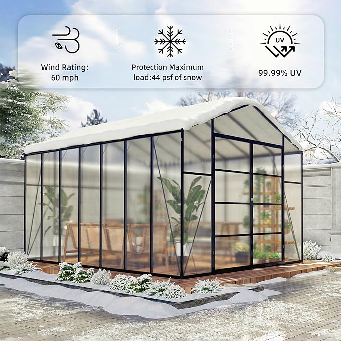 10*12*8.7FT Greenhouse for Outdoors,Polycarbonate Greenhouse with Stronger Wind Protection and Roof Vent,Walk-in Large Aluminum Sunroom Winter Proof,Black