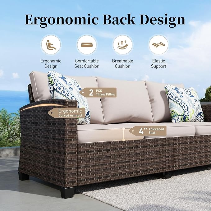 Patio Furniture Set Outdoor Furniture Brown Wicker Rattan Patio Conversation Sets with Cushion Outside Sofa Set,7 Pieces with Firepit Table,9 Seats,Beige