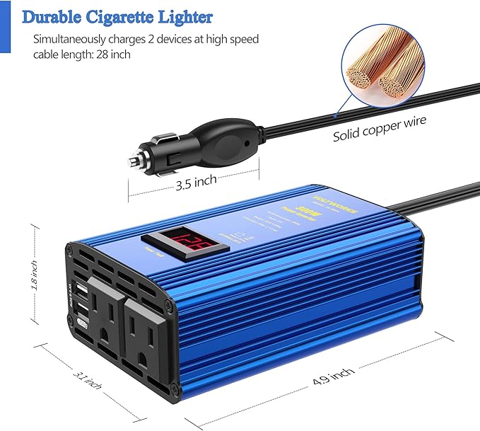 Power Inverter 300W Car Inverter DC 12V to 110V AC Converter with LED Display & 2x2.4A Dual USB Car Adapter Charger Compatible with Lithium Battery by VOLTWORKS