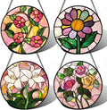 Stained Glass Window Hanging 4 Pcs Set Pink Floral Theme 7.8" - Flowers Suncatcher Door Garden Sun Catcher Decor Birthday Christmas for Mom Woman Nana Men Friend