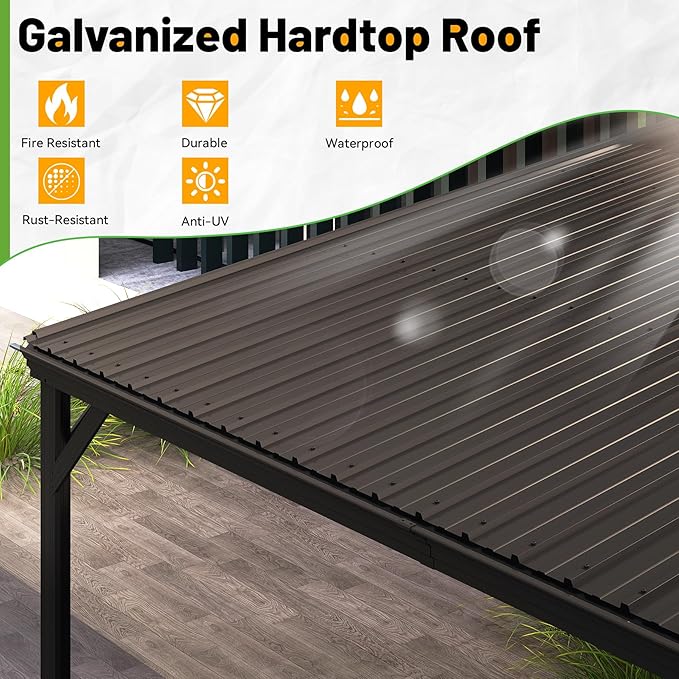 10x12FT Lean to Gazebo, Outdoor Hardtop Wall Mount Gazebo with Gutter & Sloping Galvanized Steel Roof, Metal Hard Top Awnings for Deck, Porch, Backyard-Brown