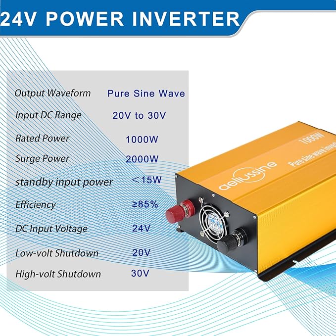 1000W Pure Sine Wave Inverter-24V DC to 110V 120V AC Power Converter with 2 AC Outlets, 24 Volt Power Inverter for Truck, Rv, Camping, Home, Emergency Power