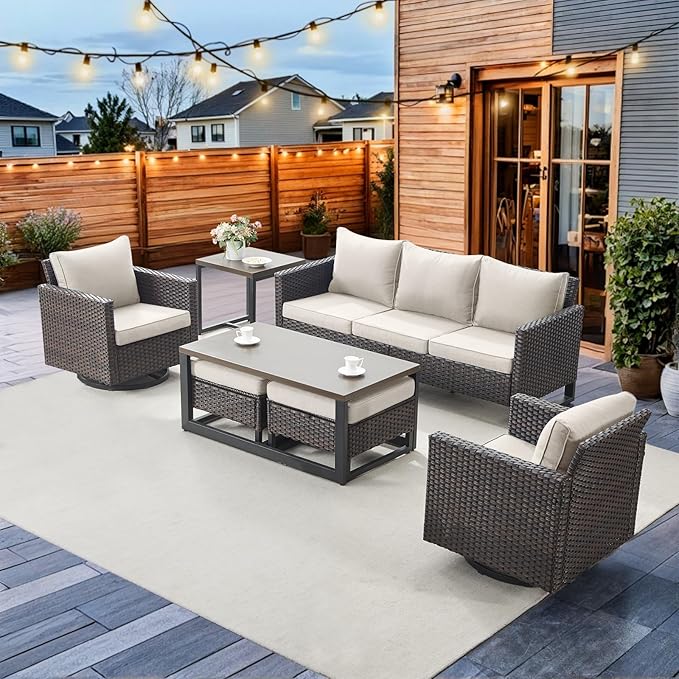 HUMMUH 7 Piece Patio Furniture Set PE Wicker Outdoor Couch,Patio Swivel Rocker Chairs and Ottomans Tables for Porch,Garden,Backyard