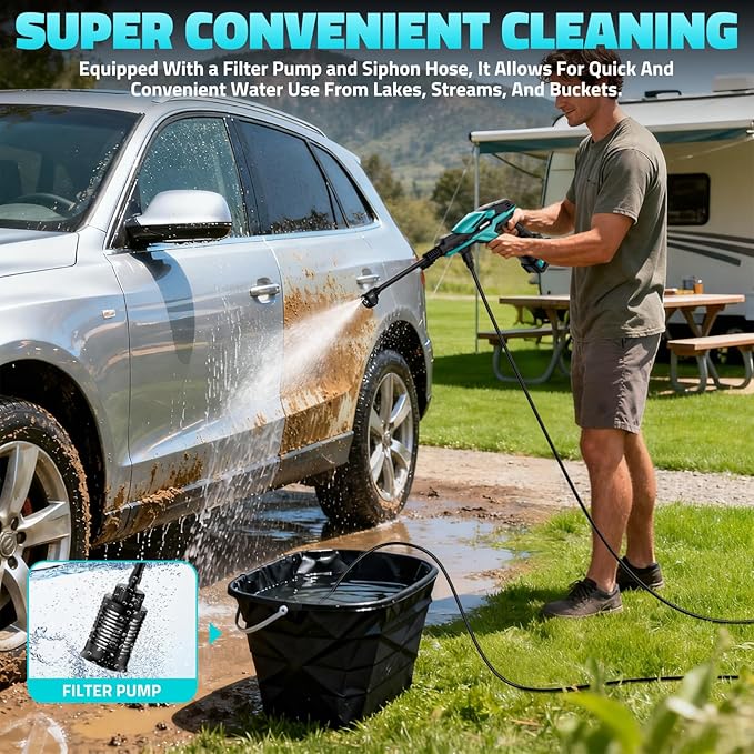 Cordless Pressure Washer, 800PSI Brushless Power Washer with 18V 4.0Ah Battery, 17FT High Elastic Hose, 6-in-1 Nozzle and Storage Handbag, 3 Power Level Portable Pressure Washer for Home, Car, Garden