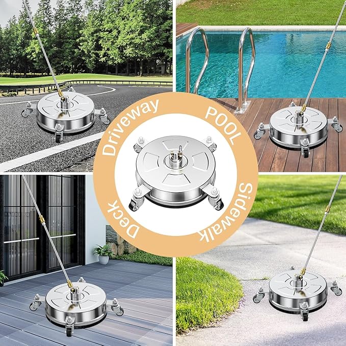 16" Pressure Washer Surface Cleaner with 4 Wheels, Stainless Steel Housing, 4000 PSI Max, 3 Connect Nozzles & 2 Extension Wands, Pressure Washer Surface Cleaner for Concrete, Patios, Sidewalks