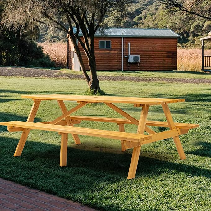 Picnic Table with Bench for 8 Person Outdoor Wooden Rectangle Table for Patio Garden Backyard Large Outside Dining Table Set with Umbrella Hole 6.25FT