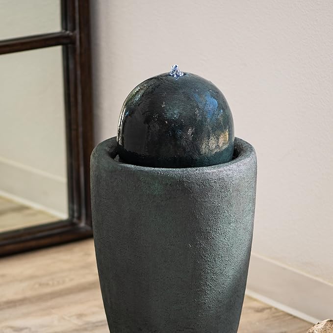 XBrand 25.98" H Dark Green Round Stone Indoor/Outdoor Modern Sphere Water Fountain w/LED Lights – Ball Bubbling Fountain Décor for Garden, Patio, or Tabletop