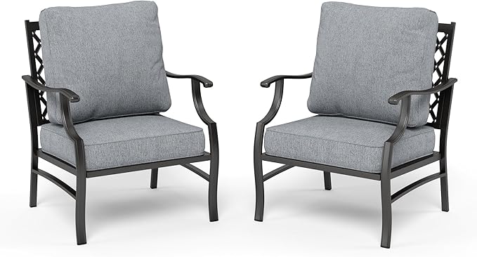 HERA'S HOUSE Outdoor Chairs Set of 2, 2 x Patio Chair with Grey Cushions, All Weather Outdoor Furniture for Lawn Garden Backyard Deck(Leg Chairs)