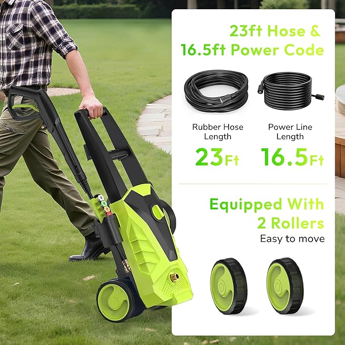 Pressure Washer, 2100PSI Max 2.0GPM Power Washer 16.5FT Power Cord, 23FT Hose&360 Rotation, 4 Nozzles for Driveways Furniture or Cars, Green