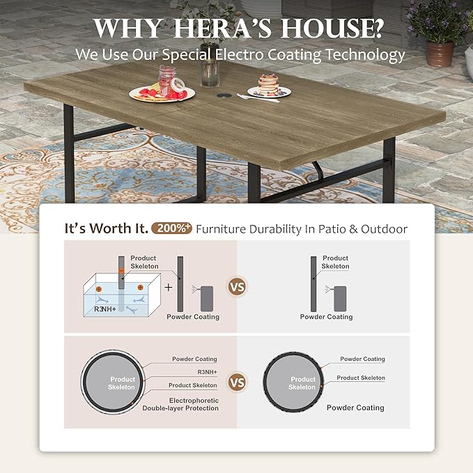 HERA'S HOUSE 7-Piece Outdoor Dining Set for 6, 64" Weather-Resistant Metal Patio Table with 6 Foldable Black Chairs, Perfect for Garden, Backyard, Porch & Lawn (Space-Saving Design)