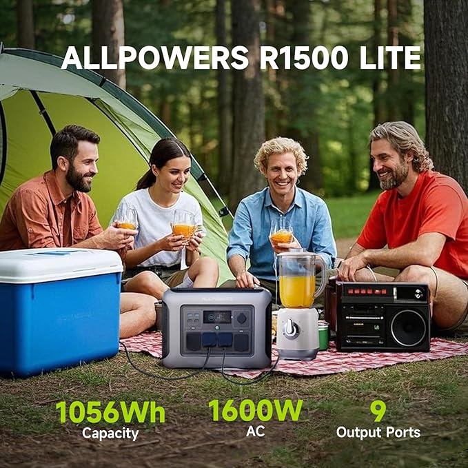 ALLPOWERS R1500 LITE 1600W/1056Wh & 3500+ Cycle LiFePO4 Battery with 4xAC Outlets, 650W MPPT, and UPS <15ms for Home, RV, Outdoor. (R1500 LITE+SP027-100W)