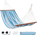 Lazy Daze Hammocks Cotton Fabric Spreader Bar Hammock, Outdoor Portable Hammock with Carrying Bag & Tree Straps for Bedroom, Patio, Backyard, Balcony, Max 450lbs Capacity, Blue & White