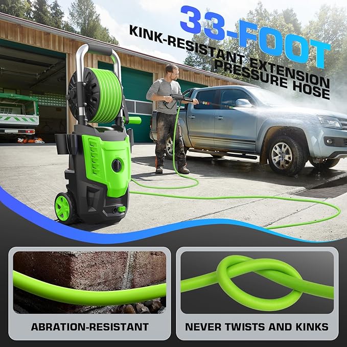 4800 PSI Pressure Cleaner- 4.0 GPM High Power Cleaner with 33FT Hose Reel M22-14mm, 4 Nozzles and Foam Cannon, for Home, Cars, Fences, Patio, 2025 Upgraded (Green)