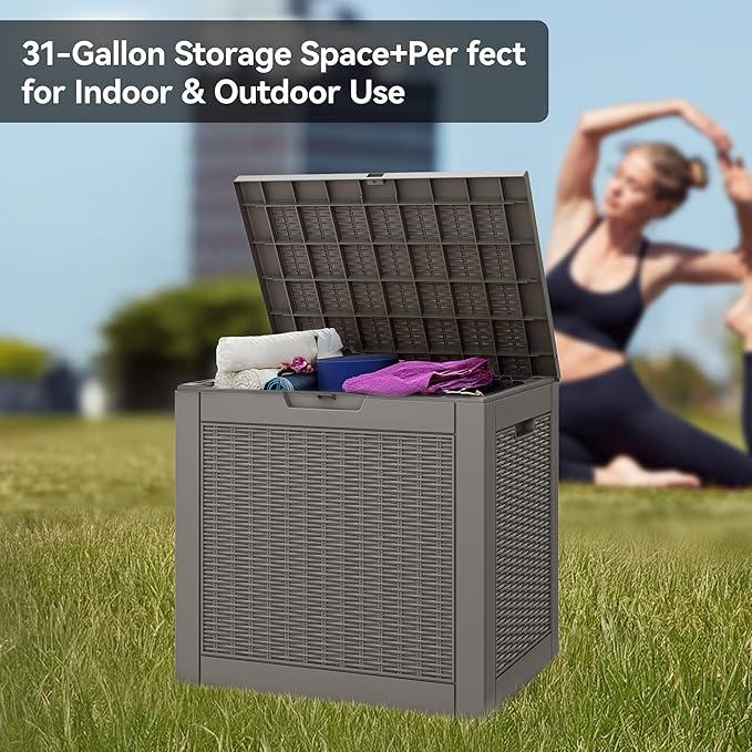 Outdoor Storage Box, Resin Deck Boxes Indoor and outdoor, Waterproof Storage Box Lockable Lid (Grey, 35 Gallon)