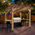 CHARMELEON 6'x8' Wood Grill Gazebo, Cedar Wood BBQ Grill Gazebo with 2 Side Storage Shelves, Pavilion with Hardtop Sloping Steel Roof for Outdoor, Patio, Barbecue, Garden, Deck