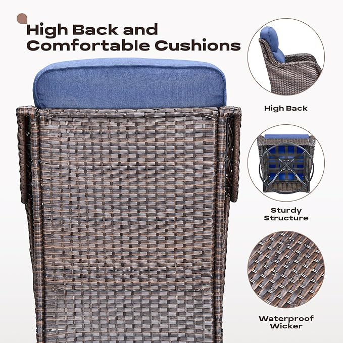 Rilyson Wicker Outdoor Patio Furniture Set - 5 Piece Patio Conversation Sets with Swivel Rocker Chairs, Ottomans and Sofa, 6 inch Cushions, Waterproof Wicker, for Porch Deck Brown/Blue