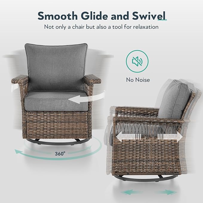 Outdoor Swivel Glider Chairs - 3 Pieces Hollow Widen Armrests Wicker Patio Furniture Set with Side Table, High Back Outside Swivel Rocker for Balcony Porch Deck and Yard - Brown/Gray