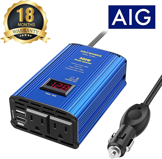 Power Inverter 300W Car Inverter DC 12V to 110V AC Converter with LED Display & 2x2.4A Dual USB Car Adapter Charger Compatible with Lithium Battery by VOLTWORKS