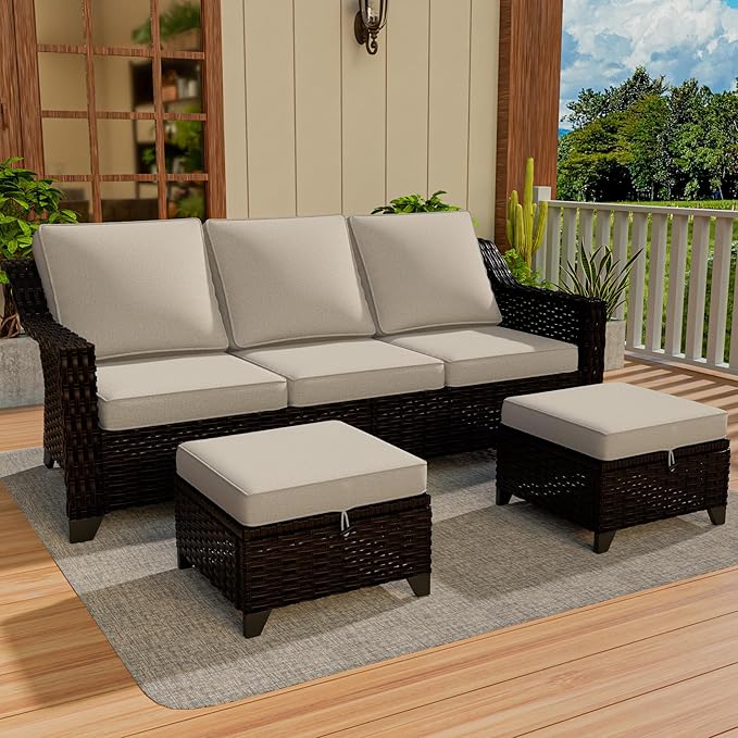 Vista Vibe 3 Pieces Outdoor Patio Conversation Furniture Set - 78" 3-seat Sofa | 2 Wicker Ottomans, Deep Seat Loveseat with Removable Cushions, Hand-Woven PE Rattan Couch, Lawn (Brown/Beige)