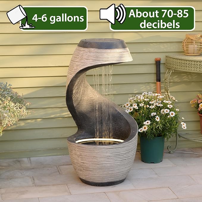 37" Tall S-Shaped Outdoor Waterfall Fountain – Rainfall Water Fountain for Garden, Patio or Backyard Decor, Floor-Standing Resin Garden Fountains Water Feature with Flat Top for Plant Display