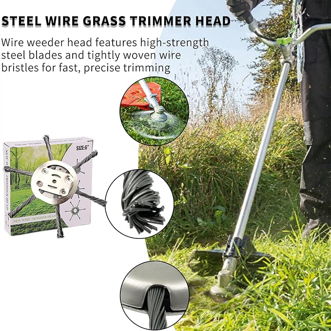 2025 New Steel Wire Grass Trimmer Head, 6 Inch Universal Steel Wire Trimmer Head with Adapter, String Trimmer Replacement Head for Electric Cordless Lawn Mower Tray (1PC 6 Blades（6 Inch）)