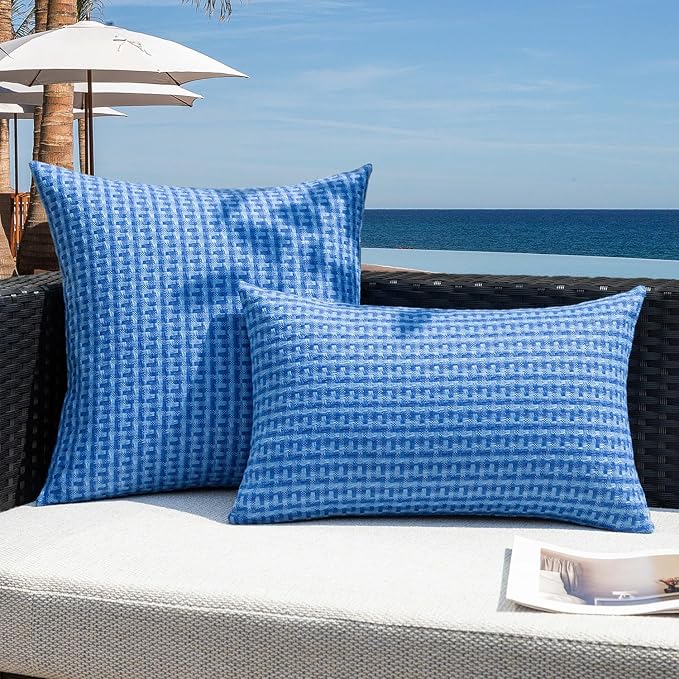 Kevin Textile Outdoor Waterproof Throw Pillow Covers Pack of 2 Weaving Texture Water Resistant Outside Decorative Cushion Covers for Garden Patio Tent Balcony Bench Couch Sofa 18x18 Inch, Blue