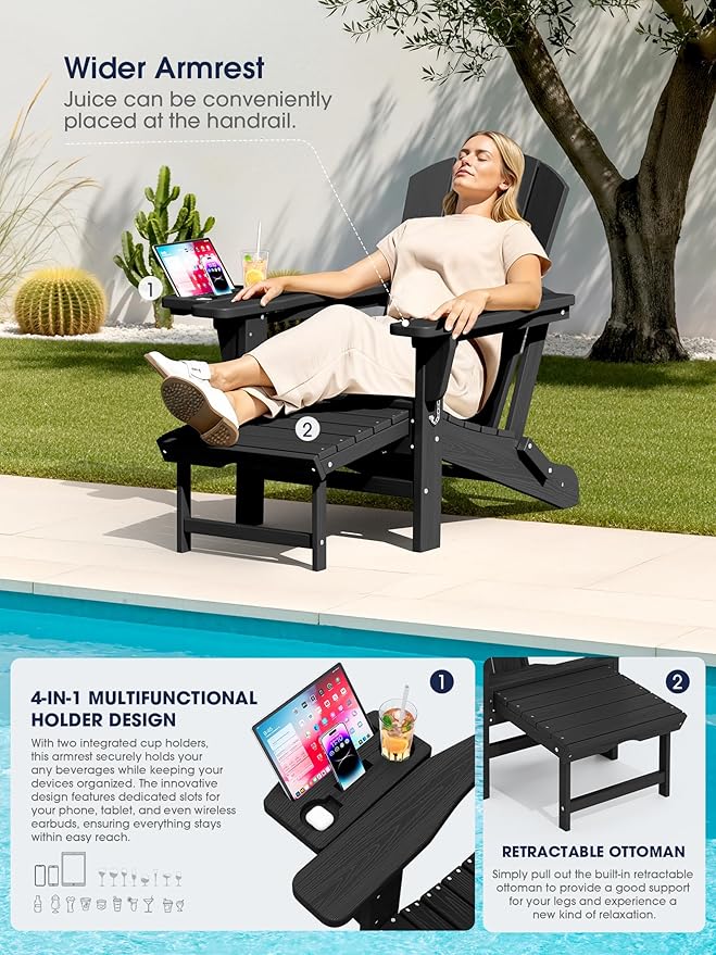 KINGYES Adjustable Folding Adirondack Chair with Footrest & 4-in-1 Multi-Functional Armrest Organizer, HDPE Foldable Reclining Adirondack Chair with Pull-Out Ottoman, Black