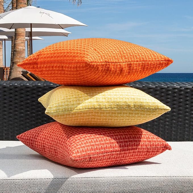 Kevin Textile Fall Outdoor Waterproof Throw Pillow Covers Pack of 2 Weaving Texture Water Resistant Outside Decorative Cushion Covers for Garden Patio Tent Balcony Bench Couch Sofa 18x18 Inch, Orange