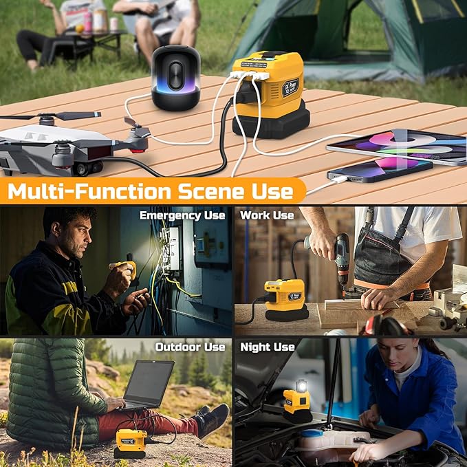 220W Power Inverter for Dewalt 20V Battery, DC 20V to AC 110V Portable Power Station Generator with 1 AC Outlet, 2 USB Ports & 1 Type-C Fast Charging, 400LM LED Work Light (2-Pack)