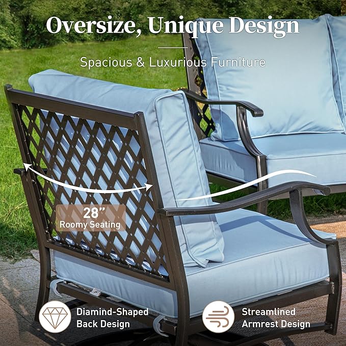 6 Piece Metal Outdoor Patio Furniture Set, Patio Conversation Sets 1 3-seater Sofa, 2 Fixed Chairs, 2 Ottomans with 5.75" Thick Cushion and Coffee Table, Black Backyard Furniture, Blue